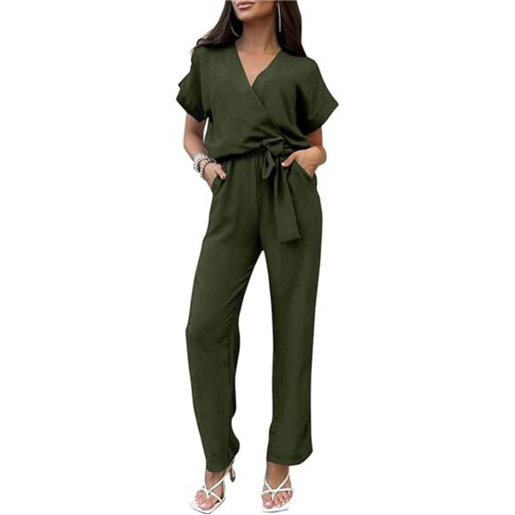 Women's Jumpsuit Short Sleeve Wrap V Neck Belted Wide Leg Pants Romper - Picture 1 of 6